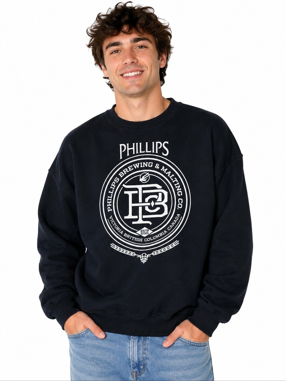 Phillips Brewing & Malting Co. Crewneck Sweatshirt Black Graphic Logo Size Mediu